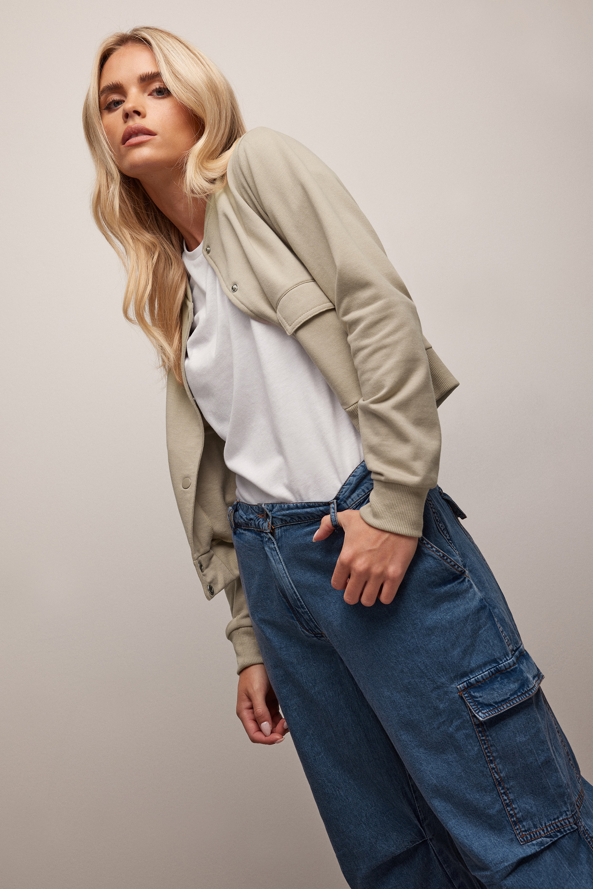 PixieGirl Petite Womens Stone Brown Jersey Bomber Jacket | PixieGirl 1